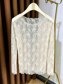 Top de capa base de encaje transparente con cuello grande para mujer, top de malla de manga larga ligero y transparente casual - Albaricoque - Ver 3