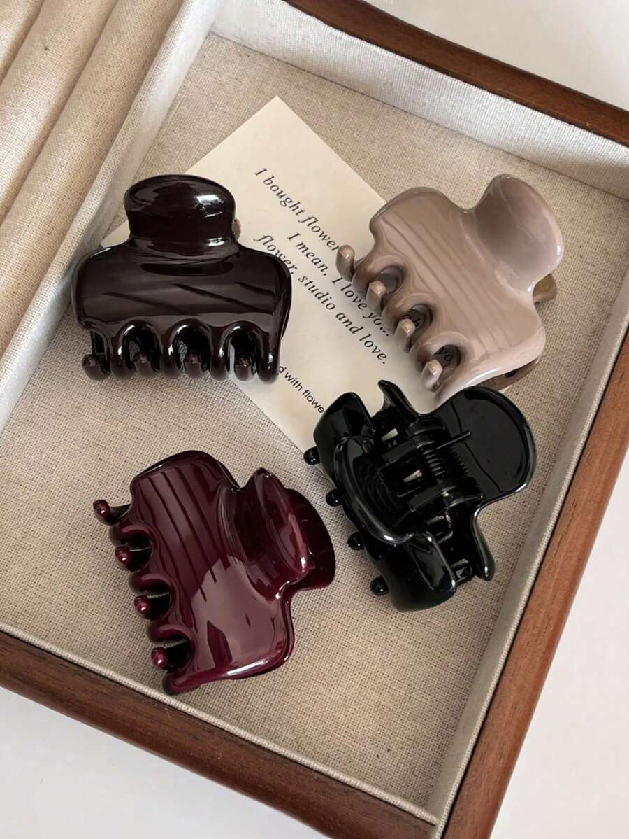 4个/1个女士5厘米/1.97英寸中号黑色、红色、巧克力色、卡其色亮面优雅简约纯色发夹，用途广泛，适合日常、通勤、派对、休闲、洗漱、化妆、服装搭配、旅行、生日等场合。 - 彩色 - 查看 1