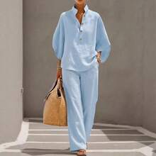 New Women's Shirt Set 2026 Casual City Set2026 Spring/Summer Fashion Women's Casual Style Bat Sleeve Loose-Fit Outfit - Màu Đỏ Sâu - Xem 5