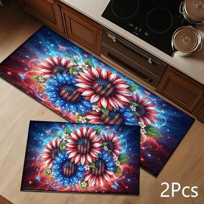2D Colorful Sunflower Print Pattern Rug, Vintage American Flag Star Striped Design, Suitable For Entryway, Porch, Indoor - Soft & Durable Floor Covering For Living Room, Bathroom, Bedroom, Game Room, Laundry Room, Dorm, Holiday Dinner Table Decor