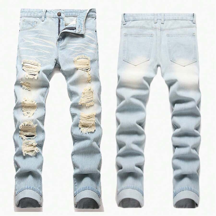 Men's Ripped And Washed Jeans For Everyday Casual Wear - Màu xanh lam - Xem 1