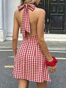 2026 Summer New Pure Cotton Red & White Plaid Sleeveless Halter Backless Bow Tie A-Line Short Dress, Pure Cotton Plaid Dress Elegant Party - Red and White - View 8