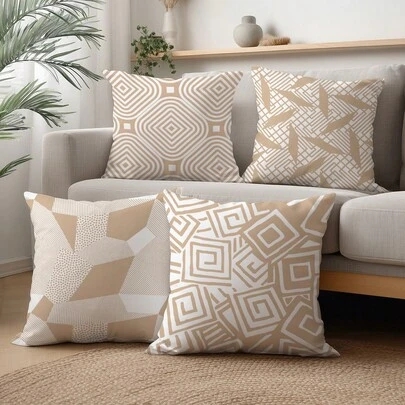 Juego de 4 fundas de cojín minimalistas de color caqui con líneas geométricas y bloques de color, impresas por un solo lado en material de terciopelo de melocotón de poliéster, de 45*45CM para decoración de sofá moderno, decoración de fiestas y regalos
