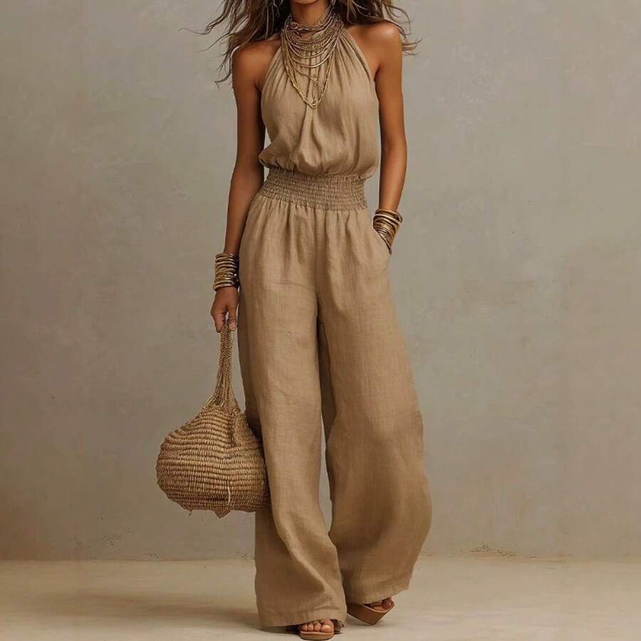 Women's Khaki Boho Halter Wide Leg Jumpsuit, Sexy Sleeveless Smocked Waist, Light Linen-Like Fabric, Summer Essential For Beach & Casual Daily Wear - light brown - 查看 1