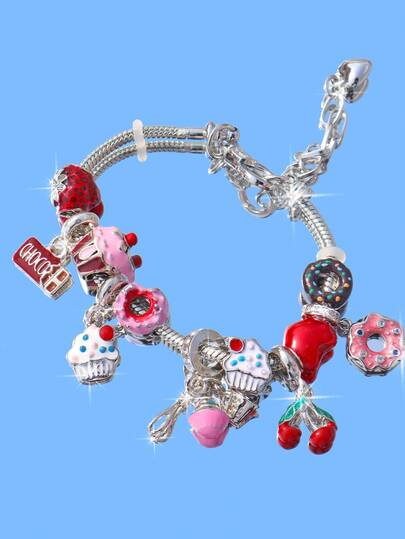 1 chiếc vòng tay mặt dây chuyền hình bánh donut và quả anh đào dễ thương, vòng tay tự làm hình bánh donut, bánh ngọt, dâu tây, vòng tay tự làm hình bánh donut sô cô la giả.