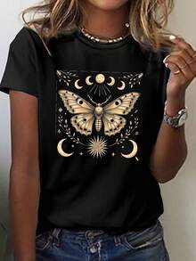 Short-Sleeved Crew Neck T-Shirt With A Moth And Crescent Moon Design, Perfect For Spring And Summer, Designed For Women - 黑色 - 查看 1