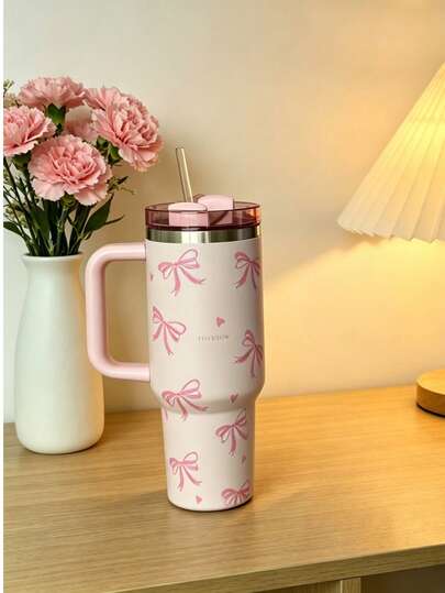 40oz Stainless Steel Insulated Tumbler With Straw, Pink Bow Vacuum Insulated Coffee Travel Mug, Double Wall Cup, Leak-Proof Reusable Water Bottle, Ideal For Women And Girls, Keeps Hot/Cold, Suitable For Home, Office And Outdoor Use