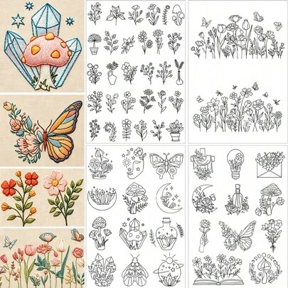 Giấy thêu tan trong nước, chất ổn định cho người yêu thích may vá thủ công, giấy thêu Stick & Stitch có thể giặt sạch, hình nấm, mặt trăng, hoa, bướm trong sách.