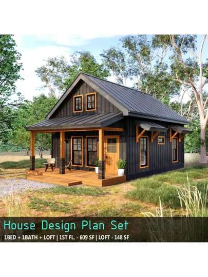 21'x29' Cabin Plan W/ Loft (Printed Plans) 757SF 1 Bed|   Black Cedar Tiny House Blueprints|   Cottage Guest House