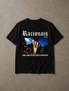 3 peças/Conjunto Camisetas Masculinas Tamanho Padrão com Estampa De Rap Grupo Racionais, Versáteis para o Verão - Preto - Visão 3