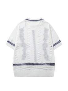 Áo polo nam cổ điển phối màu tương phản họa tiết dây leo jacquard, áo dệt kim ngắn tay thoải mái thường ngày đa năng cho công việc & kỳ nghỉ, áo len trắng - trắng - Xem 3