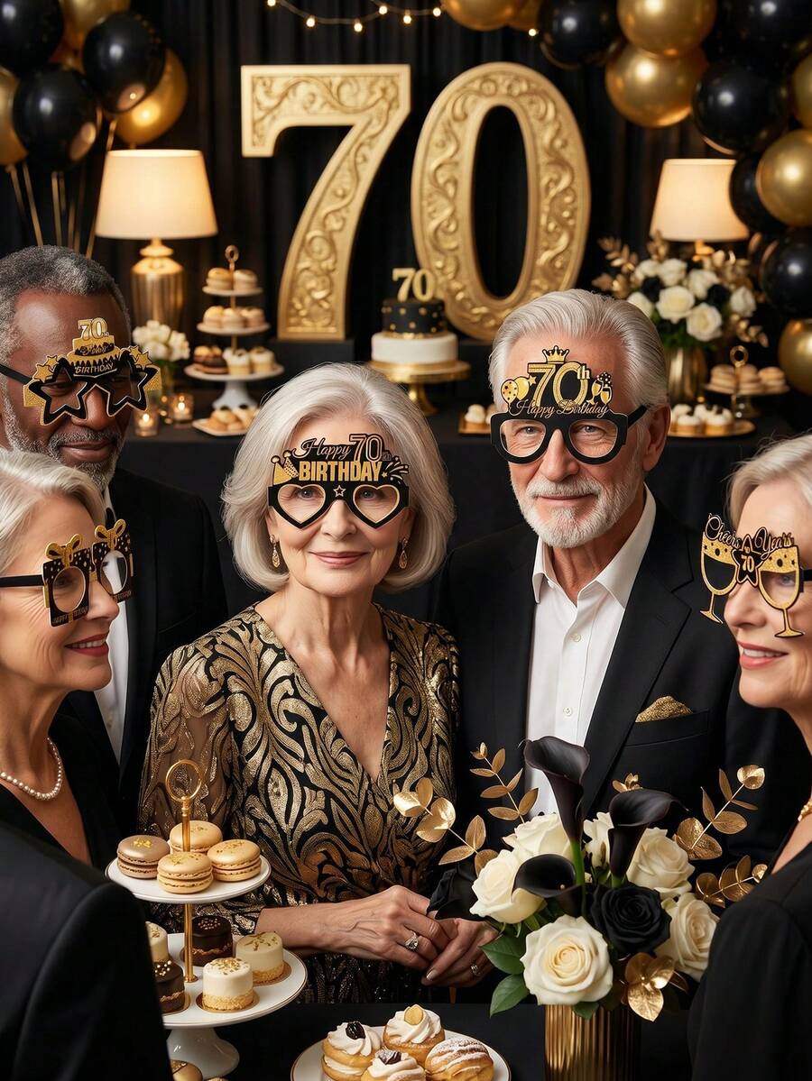 8pcs Black & Gold 70th Birthday Party Paper Glasses, Retro 70 Years Old Birthday Party Photo Prop Paper Glasses, Black & Gold Birthday Decor Paper Party Masks, 70th Birthday Party Supplies, Happy Birthday Party Glasses, Birthday Celebration, Party Accessories, Black & Gold 30th Birthday Party Decor, Birthday Gift, Party Favors - 70 YEARS - View 1