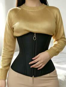 1 PC Compression Waist Trainer For Women, Skin-Friendly Fabric, Double-Layer Snap Buttons & Zipper Adjustable Design, Strong Back Support, Postpartum Slimming, Yoga & Fitness Shaping, Effectively Cinches Waist & Abdomen, Elegant Slim Waistline - 黑色 - 查看 4
