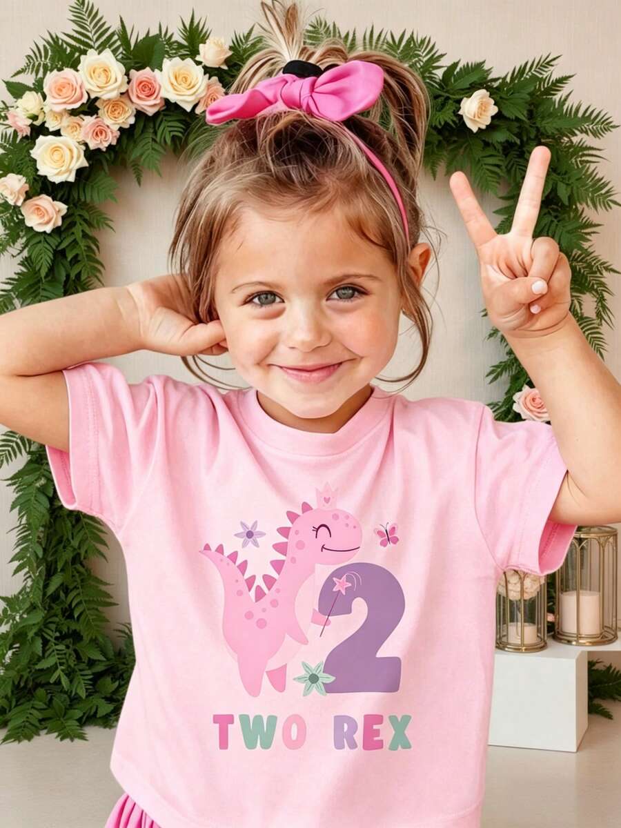 Top de manga corta sencillo, informal y bonito con estampado para niños, ideal para el verano. - Rosa - Ver 1