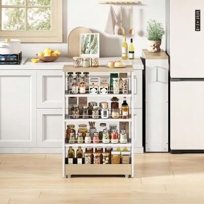Slim Storage Cart, Slim Cabinet Trolley On Wheels, 20cm Narrow Kitchen Cabinet With 4 Adjustable Shelves, White With Wood Look, 85x55x20cm, For Kitchen & Bathroom