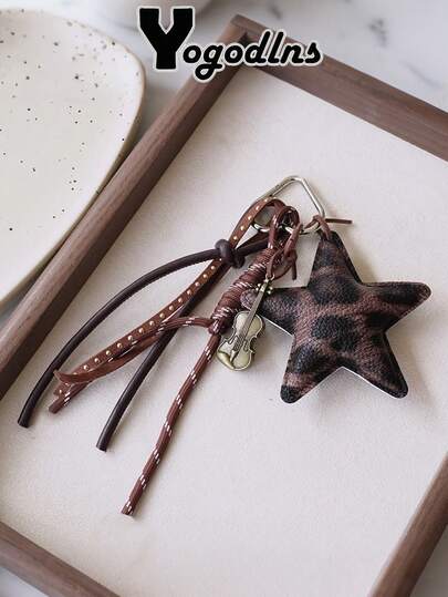 Yogodlns Leather Star Keychain Pentagram Car Keyring With Woven Leather Rope Pendant Creative Bag Pendant Decoration For Women Fashion Leopard Starfish Keychain Charms Women Bag Ornaments Accessories Braided Rope Keyring