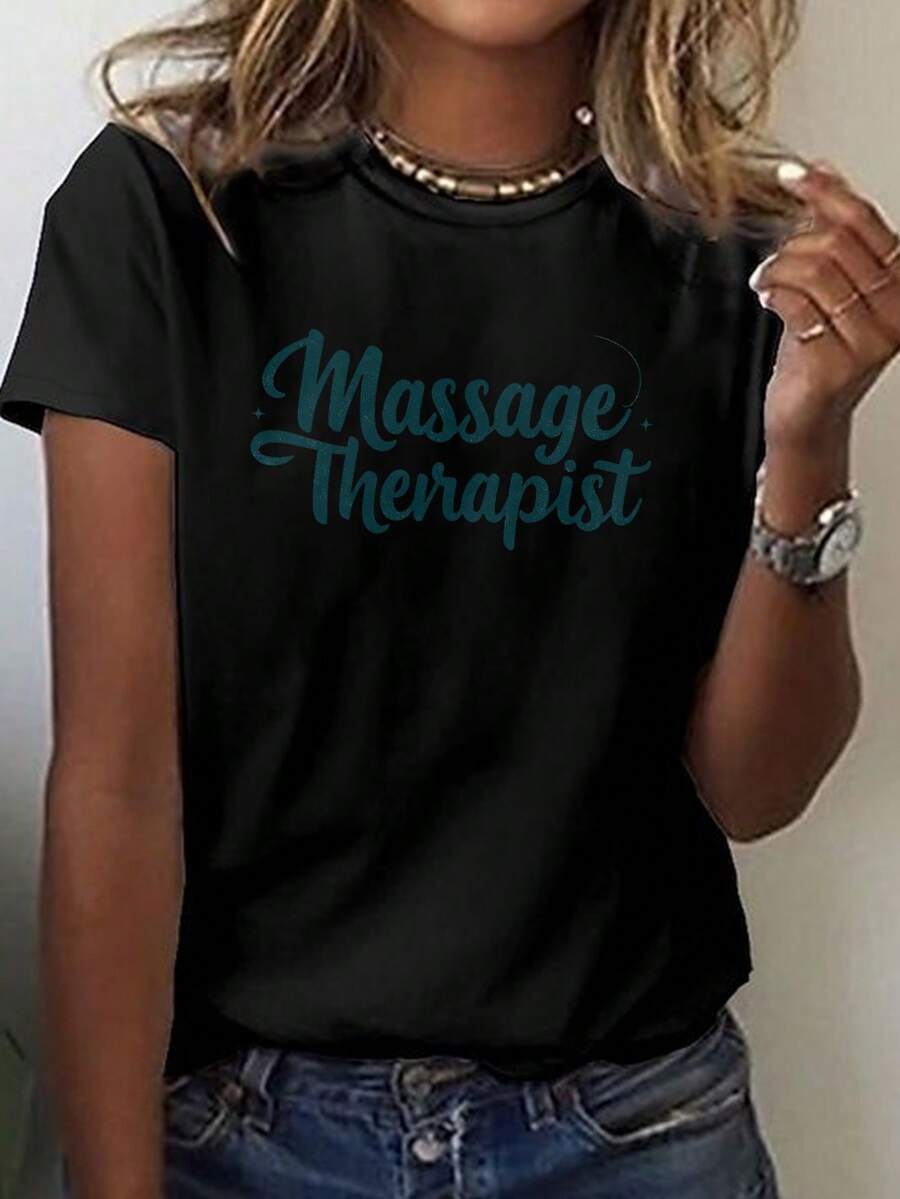 Camiseta de cuello de tripulación de manga corta para terapeutas de masajes, perfecta para el uso casual en primavera y verano, diseñada para mujeres