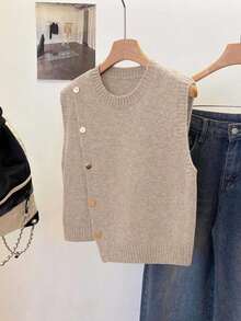 1 pieza Chaleco sin mangas de punto de unicolor con cuello redondo corto, diseño asimétrico con botones, accesorio de moda, chaleco versátil de punto para el verano - Caqui - Ver 3