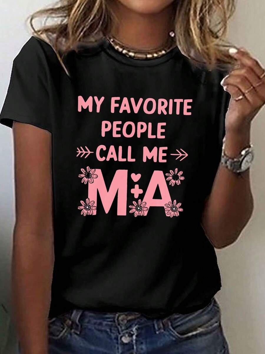 Women's "My Favorite People Call Me MA" Graphic T-Shirt - Short Sleeve Crew Neck Casual Top With Geometric Arrow And Floral Print, Medium Stretch, Machine Washable, All Season Comfort, Ladies' Tees, Relaxed Style, Playful Design, Breathable Tee, Printed Tee, Comfort Seekers - 黑色 - 查看 1