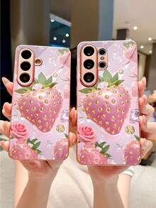 浪漫玫瑰草莓水钻图案粉色玻璃手机壳，适用于三星 Galaxy S26 Ultra/S26 Edge/S25 Ultra/S24 Ultra/S22 Ultra/S23 Ultra/S21 Ultra/S20 Ultra/S10/S9/S8 Plus/Note20 Ultra，适合周年纪念、节日、送给朋友、家人、爱人的礼物，防刮花，高清玻璃材质，时尚优雅的保护壳 - 粉色 - 查看 6