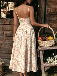 2026 Spring New Women's Clothing: Cross-Border European And American Dress, Elegant French Retro Waist-Cinching Strap Dress - 紅色碎花 - 查看 5