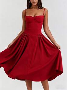 2026 Spring New Women's Clothing: Cross-Border European And American Dress, Elegant French Retro Waist-Cinching Strap Dress - 紅色 - 查看 8