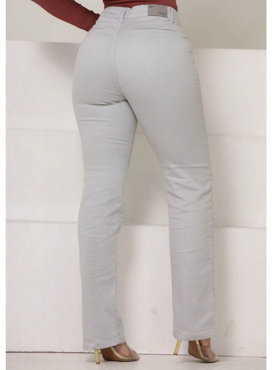 Women's Straight Leg Trousers In Satin Twill, Tailored Style, Malloy Style - Light Grey - View 1