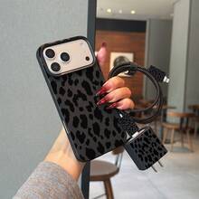 六合一豹纹手机壳套装 - 包括手机壳、充电头保护套、数据线保护套、收纳绳、数据线绕线绳、TPU防震保护壳，适用于 6/7/8/X/XS/XR/11/12/13/14/15/16/17 Pro Max，送给情侣、女友、女儿、青少年的绝佳礼物 - 彩色 - 查看 2