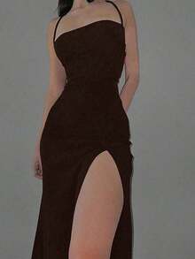 Vestido elegante de unicolor y sexy con espalda descubierta y abertura alta, para fiestas y eventos casuales de verano en color negro - Café integral - Ver 4