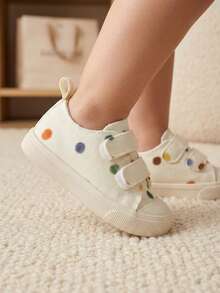 1 Pair Toddler Boys & Girls Beige Vintage Polka Dot Print Canvas Sneakers, Double Hook & Loop Design, Round Toe Soft Sole, Comfortable Lightweight Casual Baby Shoes Suitable For Daily Outdoor Activities, Walking, School Outfits, Back To School Season - White - View 3