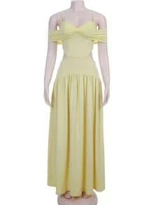 Women's Off-The-Shoulder Maxi Dress With Pleats And Ribbon Embellishment - Yellow - View 4