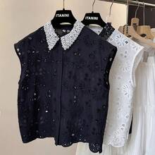 Camisa sin mangas con cuello de encaje y bordado de flores, moda femenina, nuevo estilo de verano, cuello tipo  versátil ... - Negro - Ver 1