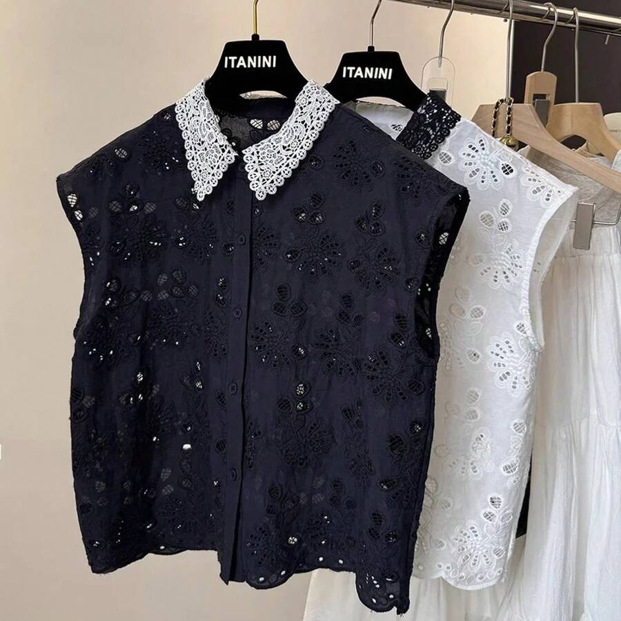 Camisa sin mangas con cuello de encaje y bordado de flores, moda femenina, nuevo estilo de verano, cuello tipo  versátil ... - Negro - Ver 1