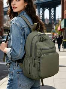 Large Capacity Women's Backpack, Classic Solid Color Design - Green - View 3