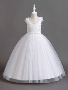 Tween Girl Children Long Dress Suspender Princess Gown, Christmas Wedding Party Formal Dress For Flower Girl, Piano Recital Performance Outfit (Please Select Size According To Bust Measurement) - White - View 5