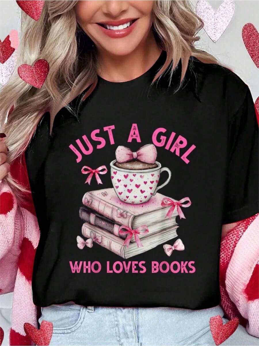 Wo'S Funny Book Lover T-Shirt | "Just a Who Loves Books" Slogan con taza de café y diseño de libro - Tee gráfica rosa suave y literaria - lavable en máquina, estilo casual, manga regular