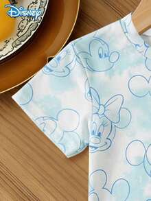 Disney Minimoy Baby Girl Short-Sleeve T-Shirt And Shorts Set With Big Bow Print Summer Outfit - Cute Baby Girl Casual Vacation Blue Elastic Shorts Outdoor Clothing - Baby Blue - View 5