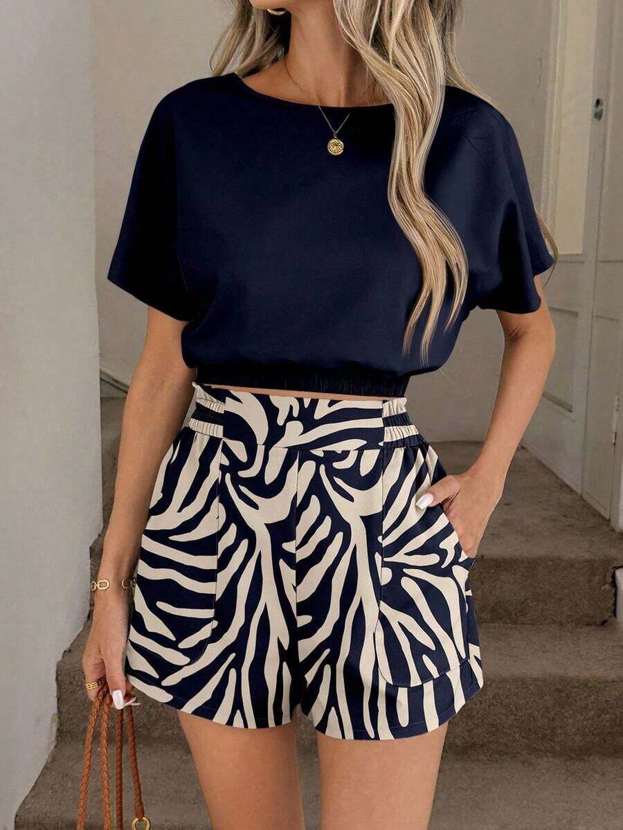 Conjunto de dos piezas para mujer con estampado floral vintage, blusa de cuello redondo con manga corta y shorts con cintura elástica, volantes y bolsillos laterales, estilo casual y elegante, ideal para primavera, verano, vacaciones, salidas y uso diario - Multicolor 7 - Ver 1