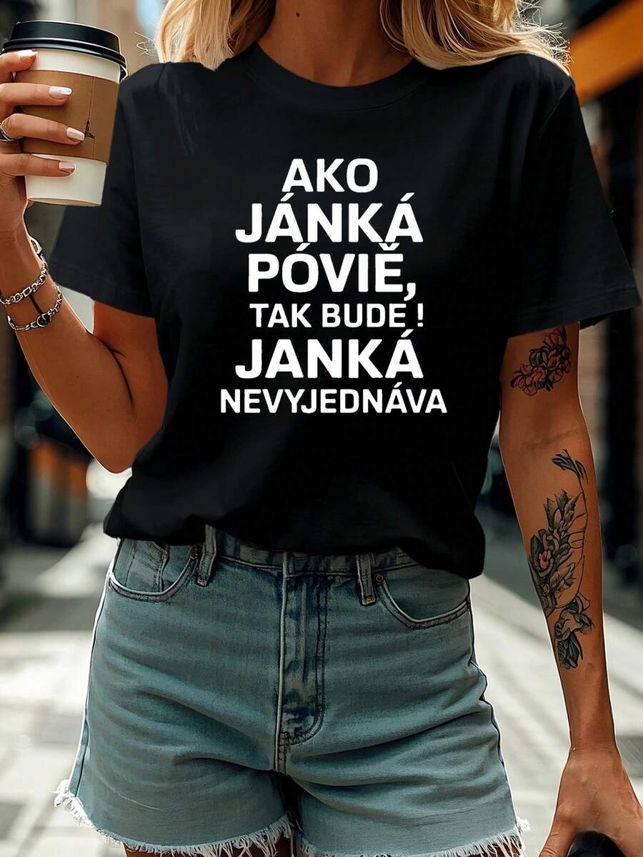 Women'S Round Neck Spring And Summer T-Shirt with a Printed Slogan about And Attitude