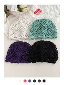 1pc Hollow Out Beaded Slouchy Beanie For Women, Summer Stylish Knit Headwrap, Fashion Casual Solid Color Pullover Hat For Street Look - Silver Beaded Tassel Mesh - View 4