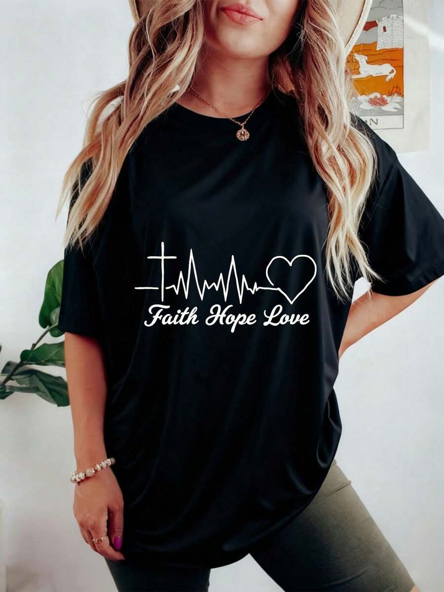 Camiseta de manga corta de las mujeres, Fe Esperanza Amor ECG diseño de impresión cruzada, Exclusivo para las mujeres de 18 a 45 años, 100% de tela pura, lisa, amigable con la piel, transpirable y secado rápido