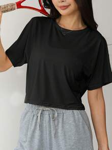 Women's Lightweight Elastic Loose Fit Criss-Cross Backless Top, Suitable For Indoor Gym Yoga Workout, Outdoor Leisure Running Cycling, Solid Color Short Sports T-Shirt, Spring/Summer - Black - View 2