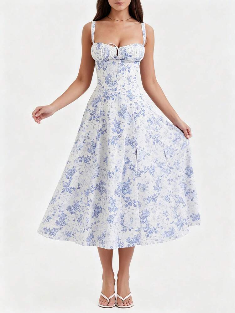 2026 Spring New Women's Clothing: Cross-Border European And American Dress, Elegant Floral Print Long Dress With Slit And Tie - 白底藍印花 - 查看 4