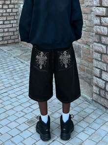 Men's Washed Black Outline Pioneer Hiphop Street Loose Skull Embroidery Denim Shorts, Versatile For Spring/Summer, Emo Style - Black - View 2