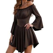 Vestido asimétrico por encima de la rodilla para mujer, manga larga acampanada, hombros descubiertos, sin tirantes, Color sólido, cintura ahumada - C - Ver 4