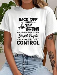 Camiseta de manga corta para mujer individual, diseño de texto y patrón, top casual elástico de cuello redondo, adecuado para primavera, verano, otoño, lavable a máquina, material transpirable, estampado divertido, textura suave, imprescindible para los amantes de la moda - Blanco - Ver 2