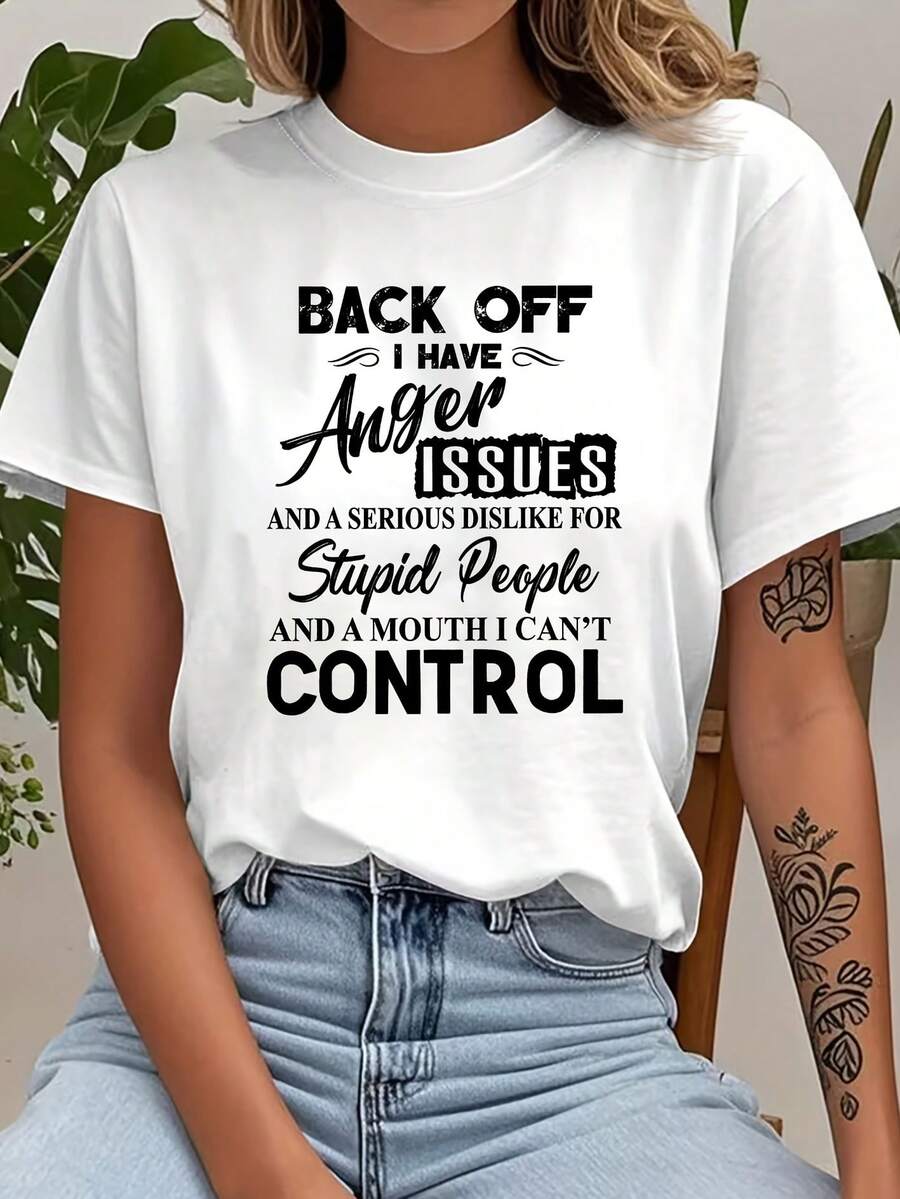 Camiseta de manga corta para mujer individual, diseño de texto y patrón, top casual elástico de cuello redondo, adecuado para primavera, verano, otoño, lavable a máquina, material transpirable, estampado divertido, textura suave, imprescindible para los amantes de la moda