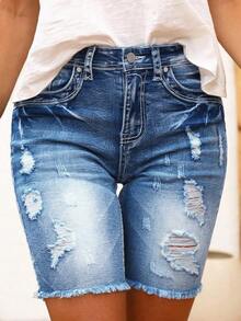 Ripped Raw Hem Denim Shorts Vacation Casual Summer - Lavado ligero - Ver 4