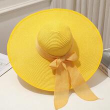 1pc Solid Color Bow Decor Casual Elegant Bohemian Style UV Protection Windproof Wide Brim Round Top Straw Hat, Fashionable Multi-Season Versatile Design With Detachable Strap,Holiday,Festival - Round Straw Hat - View 8