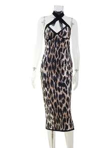 Vestido corto ajustado con estampado de leopardo y cuello colgante estilo retro - Dorado - Ver 9